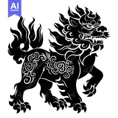 Aset premium populer: A Black and White Silhouette of a Chinese Guardian Lion with Intricate