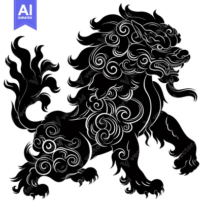 Aset desain premium: Black and White Illustration of a Stylized Lion with Swirls