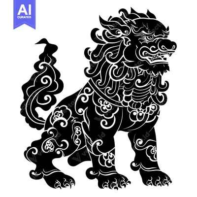 Aset premium populer: Ornate Black and White Silhouette of a Chinese Guardian Lion