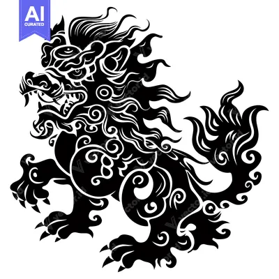 Aset premium populer: A black and white illustration of a stylized lion with ornate details.