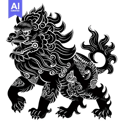 Aset desain premium: A Detailed Black and White Illustration of a Chinese Guardian Lion