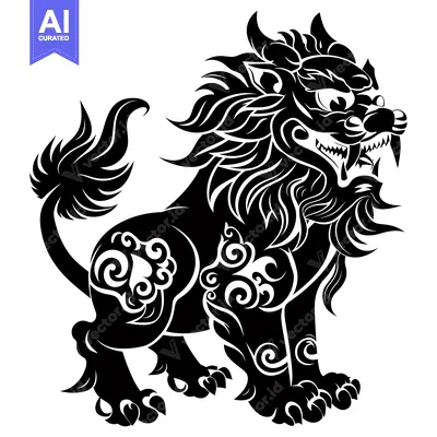 Aset desain premium: A Black and White Illustration of a  Chinese Guardian Lion with Intric