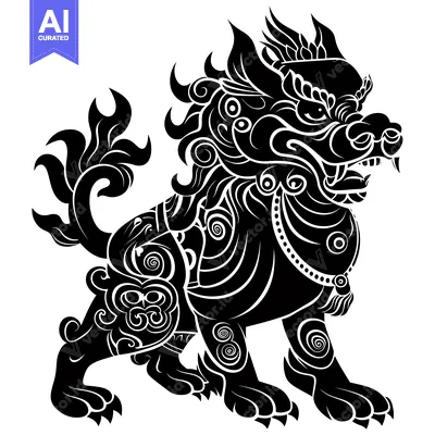 Aset desain premium: Intricately Designed Black and White Guardian Lion Silhouette