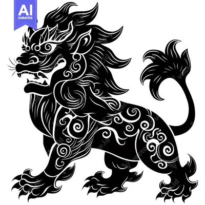 Aset premium populer: Ornate Black Silhouette of a Lion-Like Creature with a Curved Tail