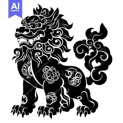 Premium design asset: Black and White Stylized Illustration of a Chinese Guardian Lion