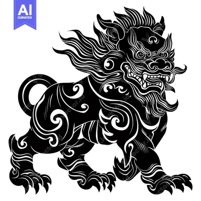 Aset desain premium: Black and White Illustration of a Chinese Guardian Lion