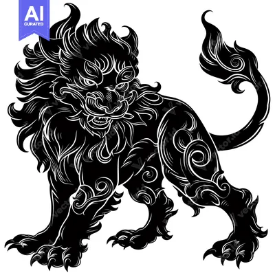 Popular premium asset: Black and white silhouette of a mythical lion with ornate details