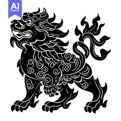 Aset desain premium: A Detailed Silhouette Illustration of a Chinese Guardian Lion