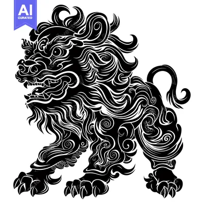 Aset desain premium: Ornate Black and White Lion Illustration