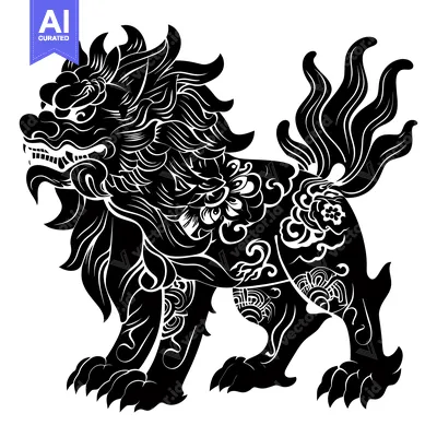 Premium design asset: Black and White Stylized Chinese Guardian Lion Illustration