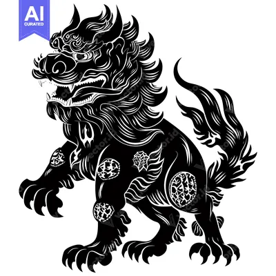 Premium design asset: Black and White Illustration of a Standing Chinese Guardian Lion