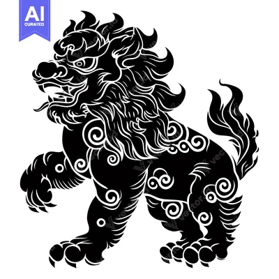 Premium design asset: Black and white stylized illustration of a mythical lion