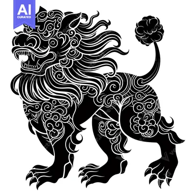 Aset desain premium: A Black and White Illustration of a Chinese Guardian Lion with Intrica