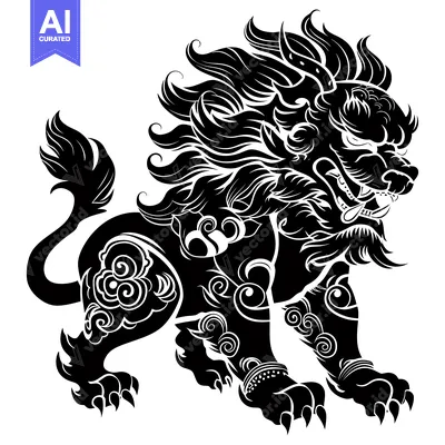 Aset desain premium: Black and White Illustration of a Guardian Lion with Ornate Details