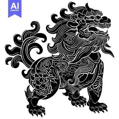 Aset premium populer: Intricate Black and White Illustration of a Mythical Chinese Guardian