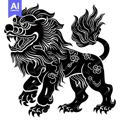 Premium design asset: Black and White Stylized Illustration of a Chinese Guardian Lion