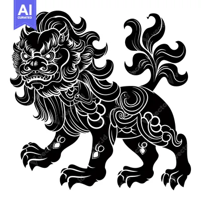 Aset desain premium: Black and White Detailed Illustration of a Chinese Guardian Lion