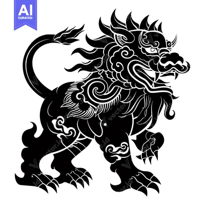 Aset desain premium: Black and White Illustration of a Chinese Guardian Lion