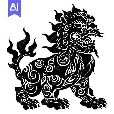 Aset desain premium: A Stylized Black and White Illustration of a Guardian Lion