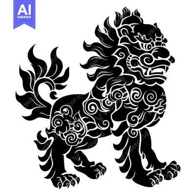 Premium design asset: Ornate Black and White Silhouette of a Guardian Lion