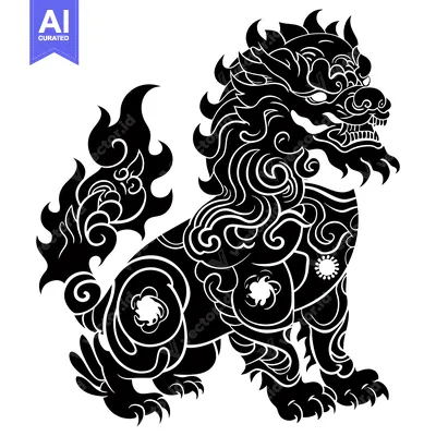 Aset desain premium: Black and White Stylized Illustration of a Guardian Lion