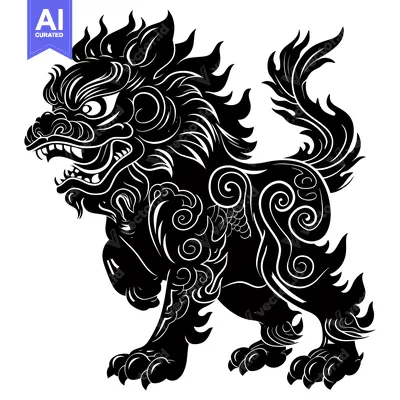 Aset desain premium: Black and White Stylized Illustration of a Chinese Guardian Lion