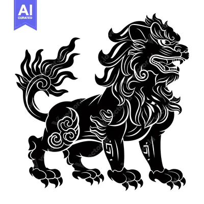 Aset premium populer: Ornate Black and White Silhouette of a Chinese Guardian Lion