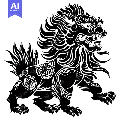 Aset desain premium: Black and White Stylized Illustration of a Chinese Guardian Lion