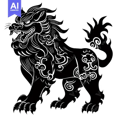 Black and White Illustration of a Chinese Guardian Lion
