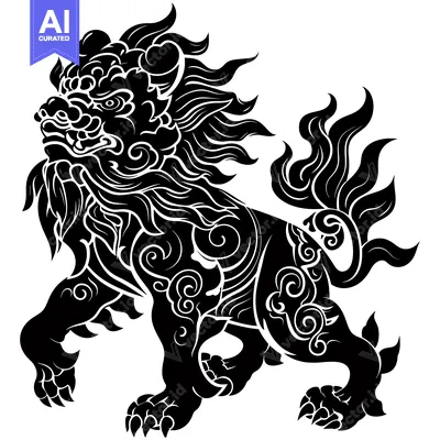 Aset premium populer: Ornate Black and White Silhouette of a Chinese Guardian Lion