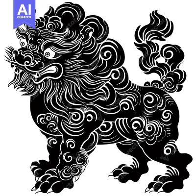 Premium design asset: Black and White Illustration of a Mythical Lion with Ornate Detailing