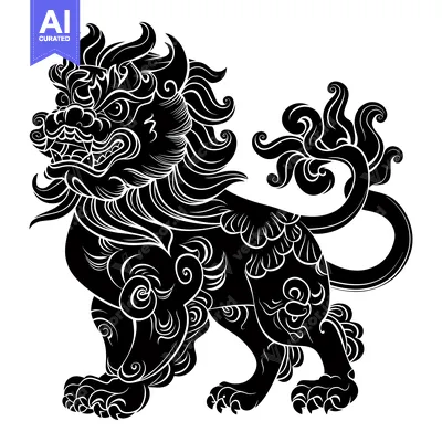 Aset desain premium: A Detailed Black and White Illustration of a Lion-Like Creature with O