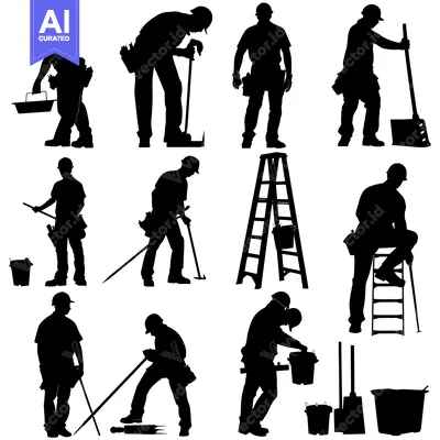 Aset premium populer: Construction Workers in Silhouettes Holding Tools and Using Ladders