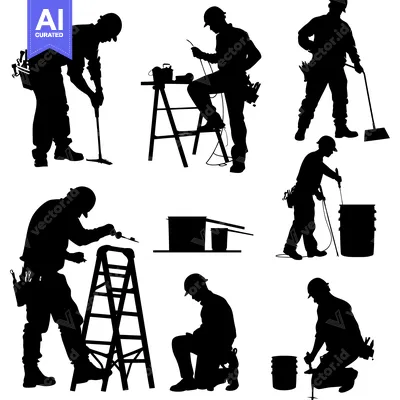 Aset premium populer: Silhouettes of Construction Workers Performing Various Tasks