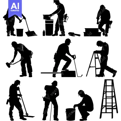 Aset premium populer: Silhouettes of Construction Workers Performing Various Tasks