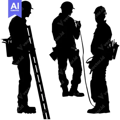 Aset premium populer: Three Silhouettes of Workers in Hard Hats with Tools and a Ladder