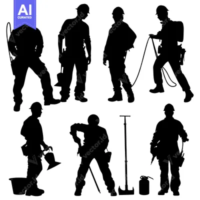 Aset premium populer: Silhouettes of Construction Workers with Tools and Equipment
