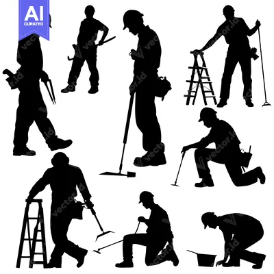 Aset desain premium: Silhouettes of Construction Workers with Tools and Ladders