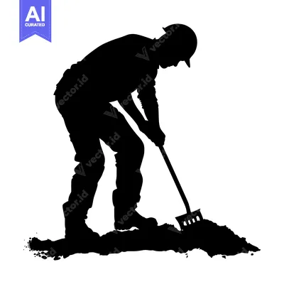 Silhouette of a Construction Worker Digging with a Shovel