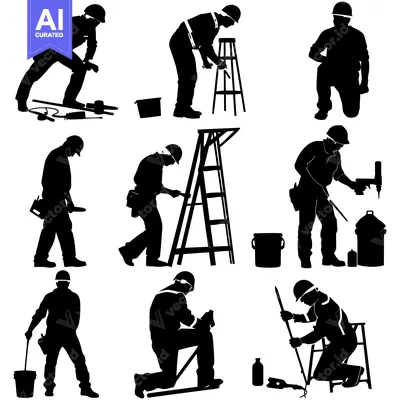 Aset premium populer: Silhouettes of Construction Workers with Tools and Equipment