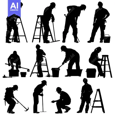Silhouettes of Construction Workers Using Ladders and Tools