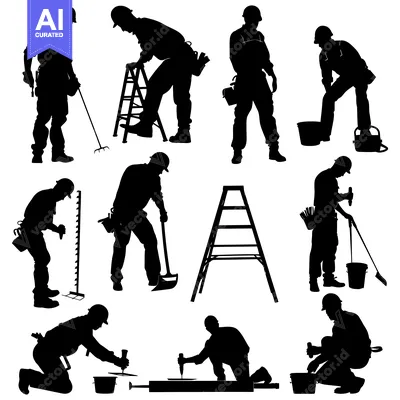 Aset premium populer: Silhouettes of Construction Workers in Various Poses