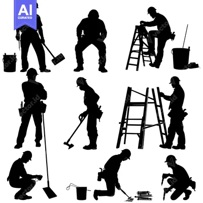 Popular premium asset: Silhouettes of Construction Workers with Tools and Ladders