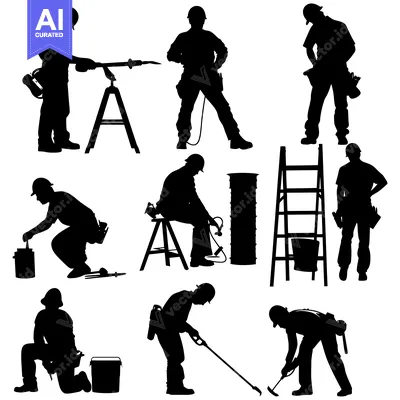 Aset premium populer: Silhouettes of Construction Workers in Various Poses and Tasks