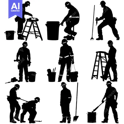 Popular premium asset: Silhouettes of Construction Workers with Tools and Equipment