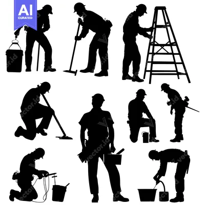 Aset premium populer: Silhouettes of construction workers engaged in various tasks