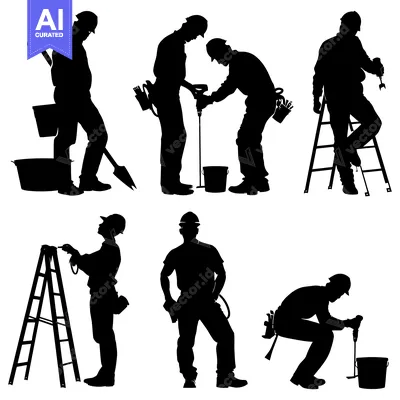 Aset premium populer: Silhouettes of Construction Workers with Tools and Equipment