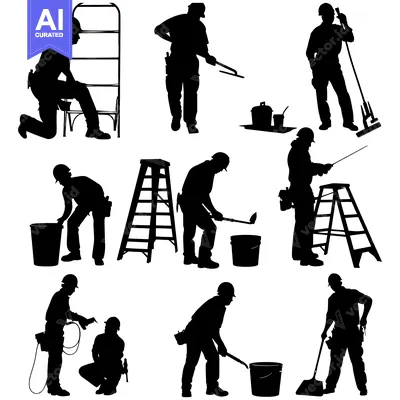Aset desain premium: Silhouettes of Construction Workers with Tools and Equipment