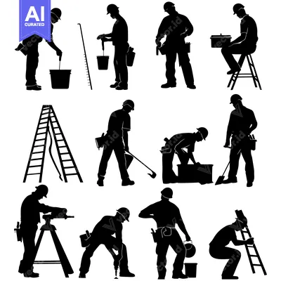 Aset premium populer: Silhouettes of Construction Workers Performing Various Tasks