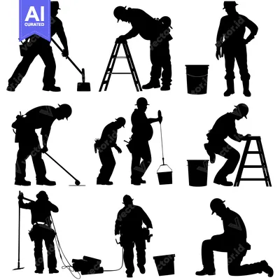 Aset premium populer: Silhouettes of Construction Workers in Various Poses